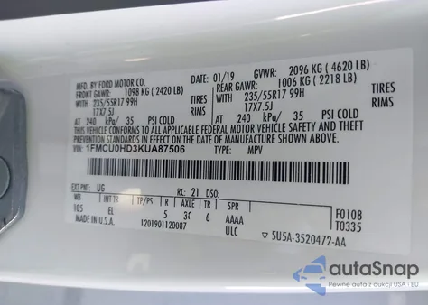 2019 Ford Escape Sel z USA, uszkodzony, nr VIN 1FMCU0HD3KUA87506